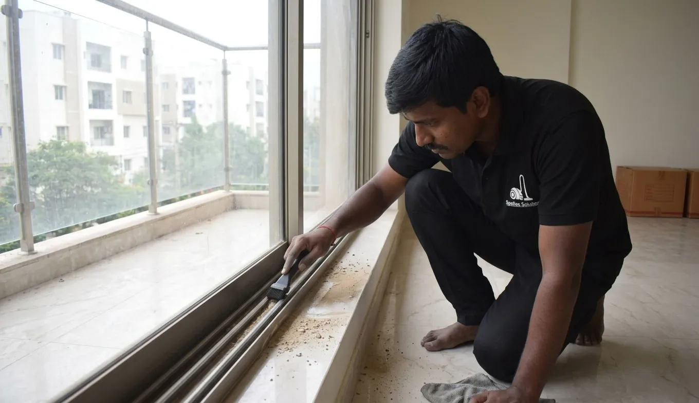 Window track cleaning in newly handed-over Hyderabad apartment Window track cleaning in newly handed-over Hyderabad apartment